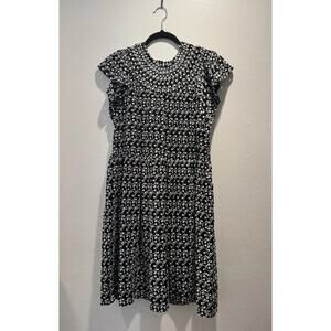 LOFT Embroidered Smocked Dress Women’s Size Medium Black White Elastic Waist